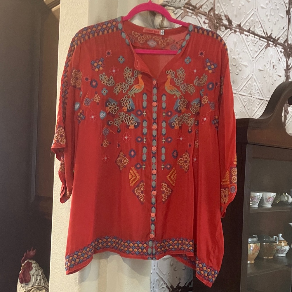 Johnny Was Red Embroidered Boho Tunic